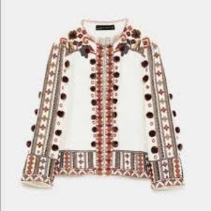 ZARA Embroidered Cropped Blazer w Pompoms - Cream